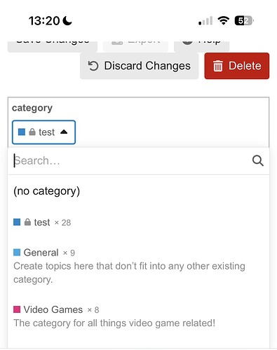 Uma captura de tela de uma interface de categorização exibindo opções para 'Descartar Alterações' ou 'Excluir', ao lado de categorias rotuladas como 'teste' e 'Geral'. (Legenda da IA)
