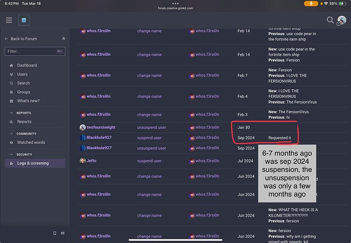 Ein Screenshot eines Forums- oder Chat-Protokolls, das wiederholte Interaktionen im September 2024 mit verschiedenen Benutzernamen zeigt, die die Tags „Requested it“ und „name change“ erwähnen. (Beschriftet von KI)