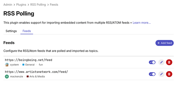 L'onglet Flux dans la plugin RSS Polling.