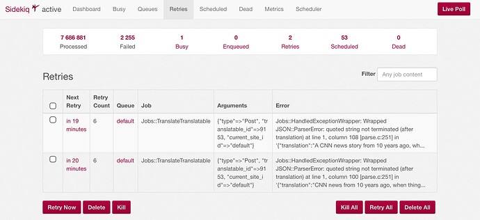 L'immagine mostra una dashboard attiva di Sidekick che mostra statistiche sui processi e errori, inclusi processi in elaborazione, processi falliti, processi occupati e processi pianificati, con un'interfaccia utente per riprovare, interrompere o eliminare i processi. (Didascalia dell'IA)