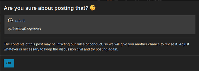 Imagem de um modal alertando o usuário sobre o conteúdo de sua postagem