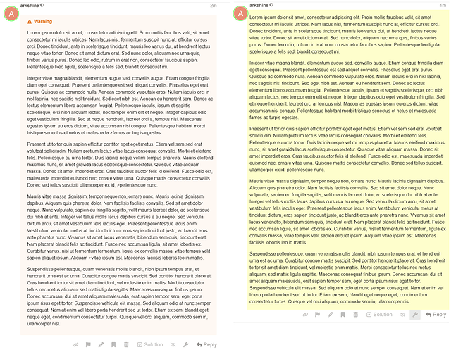 A imagem apresenta um documento de tela dividida com duas colunas preenchidas com dois conjuntos idênticos de texto de espaço reservado (Lorem Ipsum), cada um marcado por um símbolo A em círculos verdes em suas posições superiores. Uma mensagem de aviso, uma caixa de texto e uma caixa de diálogo estão localizadas acima do texto da esquerda. (Legenda por IA)