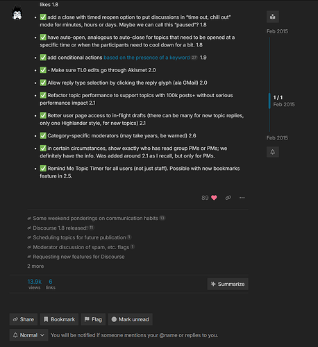 Der Diskussionsbeitrag auf einer Plattform beschreibt verschiedene Funktionsvorschläge und Updates für eine Anwendung, wobei ein Thread am 1. Februar 2015 erstellt wurde. (Beschriftet von KI)