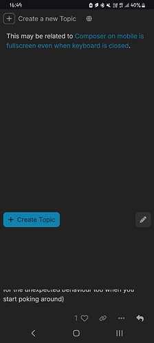 Une capture d'écran d'une interface d'application mobile, probablement une plateforme de forum ou de discussion, affichant un thème sombre avec un bouton pour créer un nouveau sujet et un message décrivant un bug lié au compositeur sur mobile. (Légendé par l'IA)