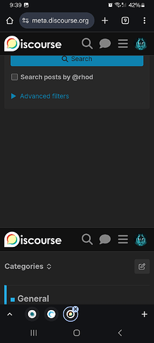 Das Bild zeigt einen Screenshot eines dunklen Themas mit der Meta Discourse-Suchoberfläche, die die Kategorien „Allgemein“ und einige Browser-Oberflächensymbole anzeigt. (Beschriftet von KI)