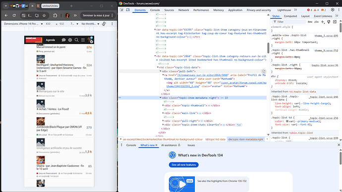 La imagen muestra una vista de pantalla dividida de un foro en línea en francés, posiblemente discutiendo juegos y una pestaña de Editor Visual vinculada abierta en un navegador, mostrando código HTML para una lista de elementos con estadísticas como ID, clase y datos. (Subtitulado por IA)