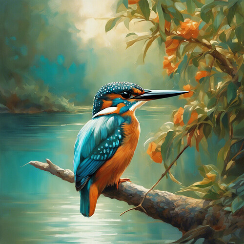 Um pássaro martim-pescador colorido pousado em um galho contra um cenário sereno de folhagem verde e água calma. (Legenda por IA)