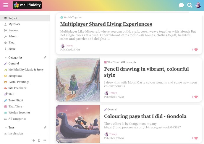 Esta imagem mostra a interface de um site com um menu lateral à esquerda listando vários tópicos e categorias. No lado direito, há prévias de obras de arte compartilhadas por usuários, incluindo um desenho a lápis vibrante do que parece ser uma paisagem com uma pessoa e uma página para colorir retratando uma criatura fantástica de forma estilizada. (Legenda por IA)