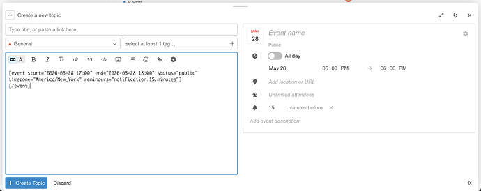 Discourse-Editor im Markdown-Modus mit Ereignis-BBCode und interaktiver Ereignisvorschau