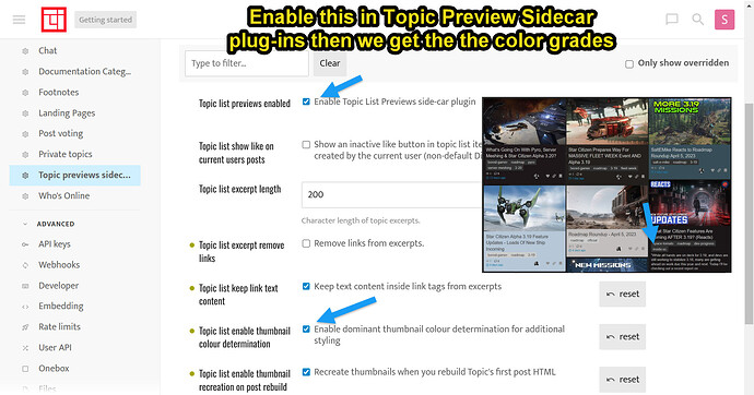 Esta imagen muestra el menú de configuración del complemento Topic Preview Sidescar en un sistema de gestión de contenido, donde se resaltan varias opciones relacionadas con la habilitación de vistas previas de temas. (Subtitulado por IA)
