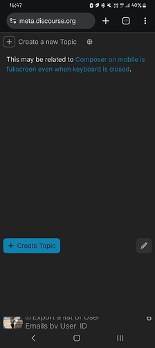 Un écran de téléphone portable affiche une interface de forum Discourse avec un message concernant un problème de compositeur et des options pour créer un nouveau sujet. (Légendé par l'IA)