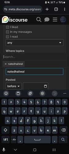 Das Bild zeigt einen Screenshot der Meta Discord App mit einer Suchanfrage für „natedhaliwal“, die in die Suchleiste eingegeben wurde. (Beschriftet von KI)