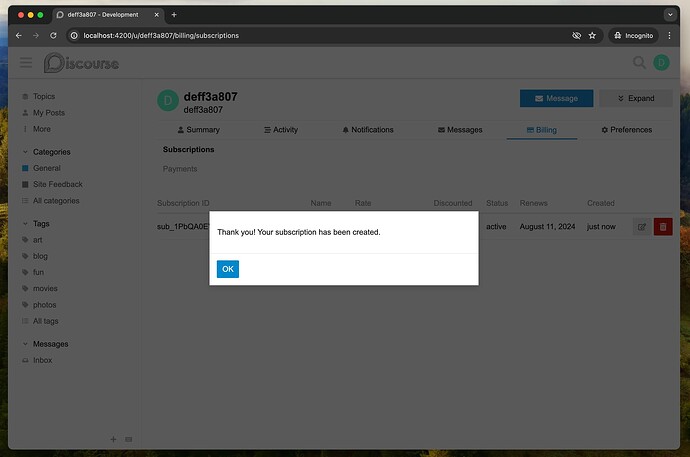 L'immagine mostra una finestra del browser con un'interfaccia di gestione degli abbonamenti, che visualizza un messaggio che conferma che un nuovo abbonamento è stato creato con successo. (Didascalia generata dall'AI)