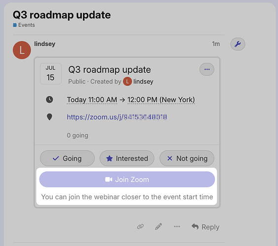 The "Join Zoom" button is disabled until 30 minutes before the event starts.