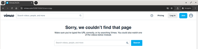 La schermata mostra una pagina di errore di Vimeo che indica "Spiacenti, non è stato possibile trovare la pagina" per un URL non valido o interrotto. (Didascalia dell'IA)