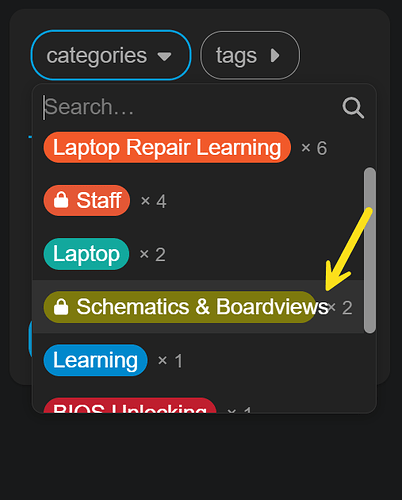 画像には、タグとカテゴリのリストが表示されたコンピューター画面が表示されており、「Laptop Repair Learning」や「Staff」とその関連数が含まれています。(AIによるキャプション)