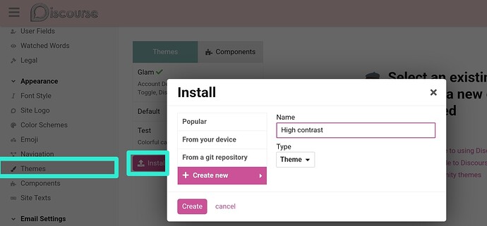 Esta imagen muestra una interfaz de usuario para instalar temas en una plataforma Discourse, mostrando opciones para instalar desde opciones populares, el dispositivo del usuario o desde un repositorio git con un campo para nombrar el tema como "Alto contraste". (Subtitulado por IA)