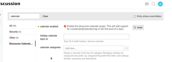 The image shows a settings page for enabling a calendar plugin in a Discourse forum, with options for holiday calendar topic ID and calendar categories. (Captioned by AI)