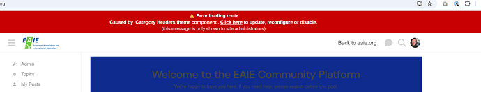 此截图显示了 EAIe 社区平台的欢迎页面,顶部有一个关于加载路由标题的错误消息。(由AI配图说明)