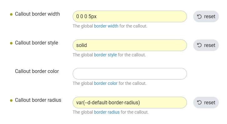 The image shows various control elements for customizing a callout's border style and dimensions, including width, radius, and color, with options for resetting each setting. (Captioned by AI)