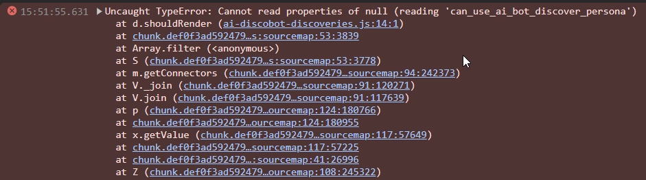 Das Bild zeigt eine Konsolenfehlermeldung mit einem , der sich auf den Versuch bezieht, Eigenschaften von zu lesen, während versucht wird, eine Persona zu entdecken, zusammen mit einer Stack-Trace von Funktionen und Dateien, aus denen der Fehler stammt. (Beschriftet von KI)