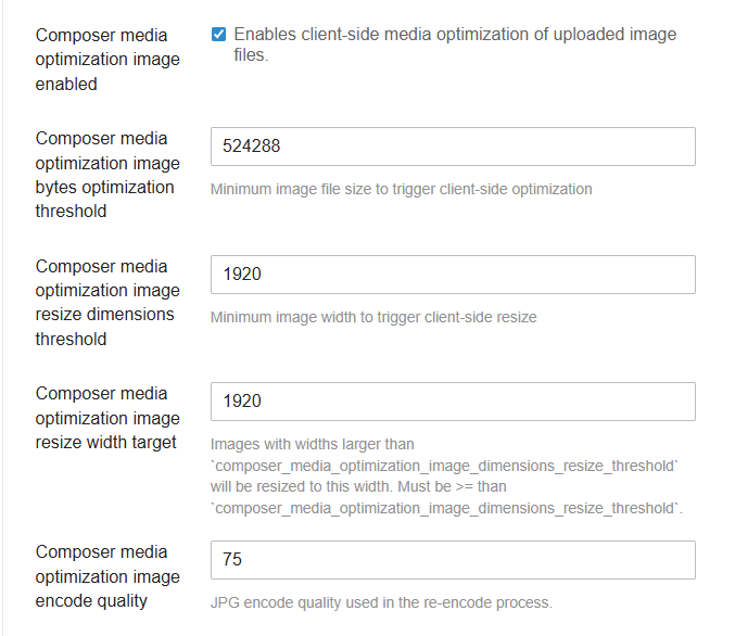 L'image contient des paramètres de configuration et des options pour l'optimisation des images, activant des fonctionnalités pour les téléchargements de médias dans le compositeur, détaillant les paramètres liés à la taille des fichiers, aux dimensions, au redimensionnement et aux paramètres de qualité. (Légendé par l'IA)