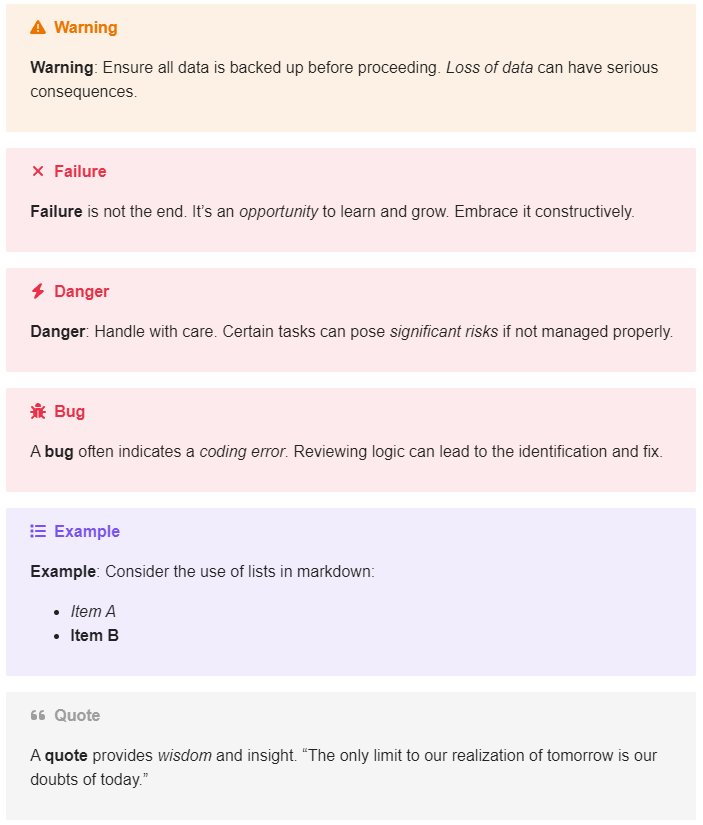 A imagem apresenta um aviso sobre proteger dados, uma mensagem sobre visualizar a falha de forma construtiva, uma cautela sobre gerenciar tarefas com cuidado, uma explicação sobre bugs no código, um exemplo de uso de listas markdown e uma citação motivacional sobre não deixar dúvidas limitar o potencial de alguém. (Legendado por IA)