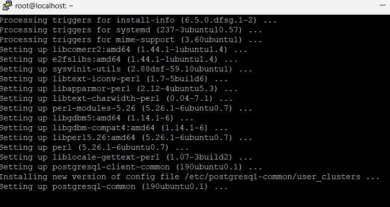 The image displays the outputs of package installation processes on a Linux system, showing various packages being set up and installed, including systemd, mimeme-support, libxslt, xorg-driver-generic, libcap-ng1-dev, dbus-client, and PostgreSQL. (Captioned by AI)