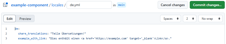 Interface do GitHub mostrando o editor para /locale/de.yml. Descrição do tema e metadados estão ausentes