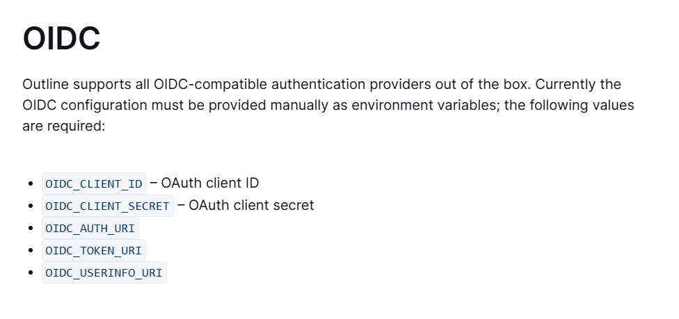 A imagem descreve os requisitos de configuração do OIDC para suportar provedores de autenticação compatíveis com OIDC, detalhando as variáveis de ambiente necessárias: , , , e . (Título gerado por IA)