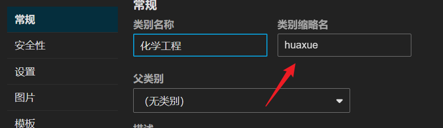 Uno screenshot di un'interfaccia software in cui "化学工程" (Ingegneria Chimica) è digitato nel campo "类别名称" (Nome Categoria) e "huaxue" è digitato nel campo "类别缩写名" (Nome Abbreviazione Categoria), con una freccia rossa che punta al campo dell'abbreviazione. (Titolo generato dall'IA)