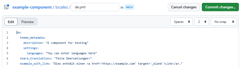 Interface do GitHub mostrando o editor para /locale/de.yml. Descrição do tema e metadados estão em inglês, traduções do tema estão em alemão