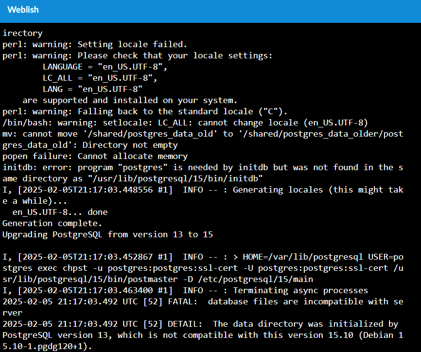 L'image montre la sortie du terminal indiquant divers avertissements lors du processus de mise à niveau de PostgreSQL15, y compris des avertissements liés aux paramètres régionaux, des problèmes d'allocation de fichiers et de mémoire, et des détails sur le processus de mise à niveau impliquant un désalignement entre la configuration actuelle du système et la nouvelle version de la base de données. (Légendé par l'IA)