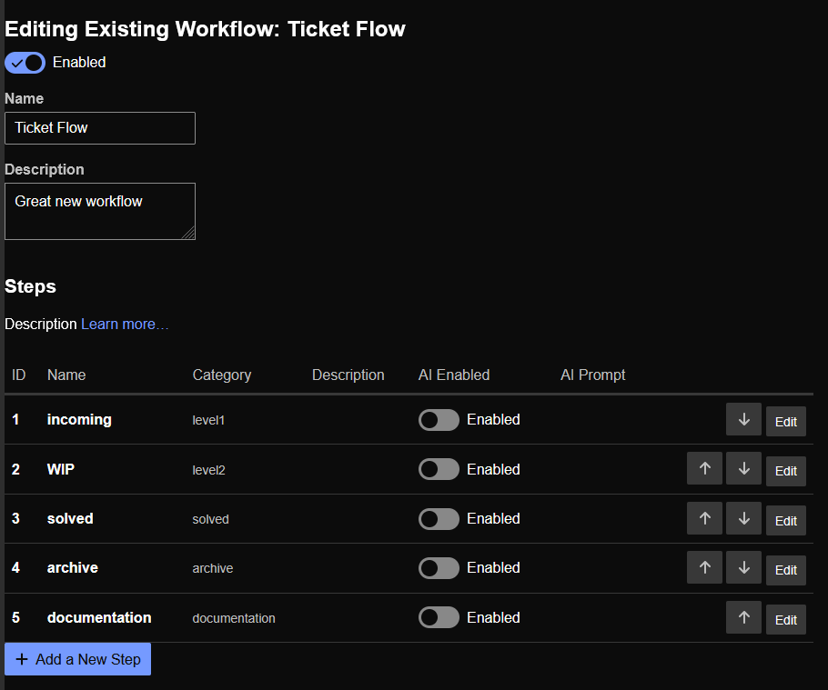 La page affiche une page de configuration pour un « Workflow existant » intitulé « Flux de tickets », qui comprend des options de bascule activé/désactivé pour une fonctionnalité d'IA et des étapes telles que « entrant », « en cours », « résolu », « archive » et « documentation » dans un système de billetterie. (Légendé par l'IA)