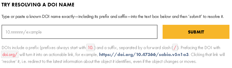 Esta imagem é um formulário digital solicitando aos usuários que insiram um nome DOI, incluindo prefixo e sufixo, em uma caixa de texto para resolvê-lo por meio de um botão SUBMIT. (Legenda por IA)