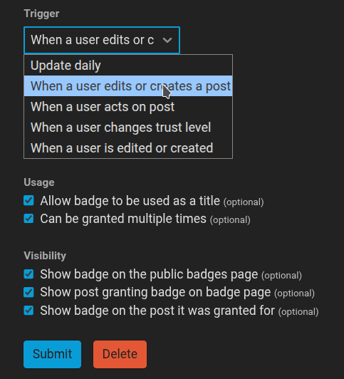 La finestra di modifica del badge è aperta e il menu a discesa Trigger è aperto. Il mouse è posizionato sul primo elemento che recita "Quando un utente modifica o crea un post"