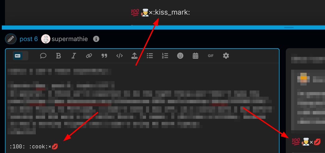 Das Bild zeigt ein gespiegeltes und verpixeltes Bild von Text innerhalb einer Benutzeroberfläche, wobei die Wörter „x:kiss:“ und „:-100“ hervorgehoben werden, gefolgt von „x:cook:“ und roten Pfeilen, die auf Textelemente zeigen. (Beschriftet von KI)