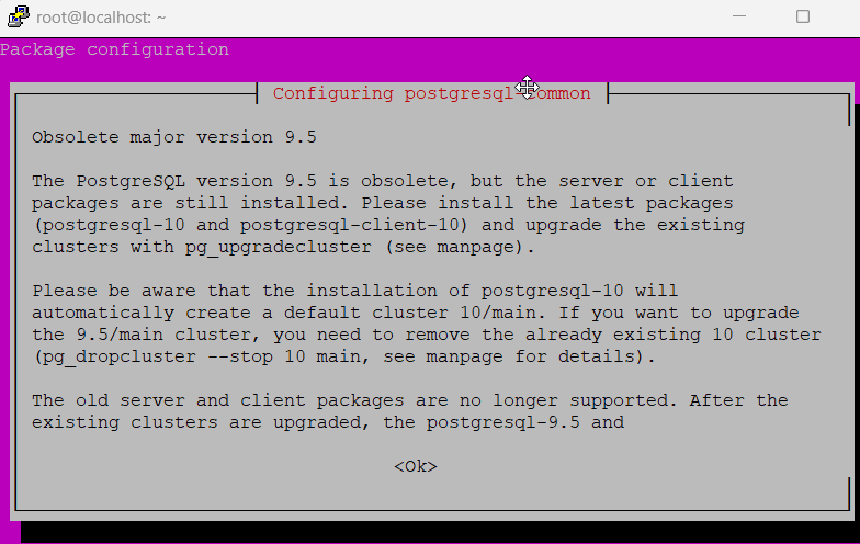 The image is a screenshot of a terminal showing an error message about the obsolete PostgreSQL version 9.5 and instructions on how to upgrade. (Captioned by AI)