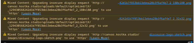 L'image présente des messages d'erreur indiquant la nécessité de mettre à niveau les requêtes d'affichage non sécurisées vers HTTPS sur trois fichiers identiques liés à des versions mises à niveau, avec une icône de mise à jour visuelle. (Légendé par l'IA)