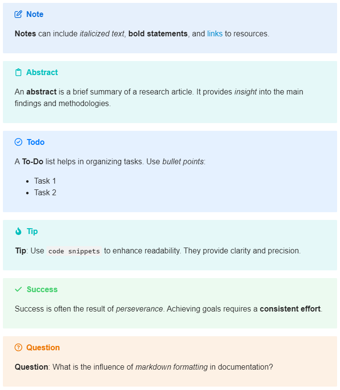 A imagem exibe exemplos de notação markdown para notas, resumos, listas de tarefas, dicas e perguntas, ilustrando o uso de itálico, texto em negrito, links, itens formatados, listas com marcadores, trechos de código e marcas de verificação. (Legendado por IA)