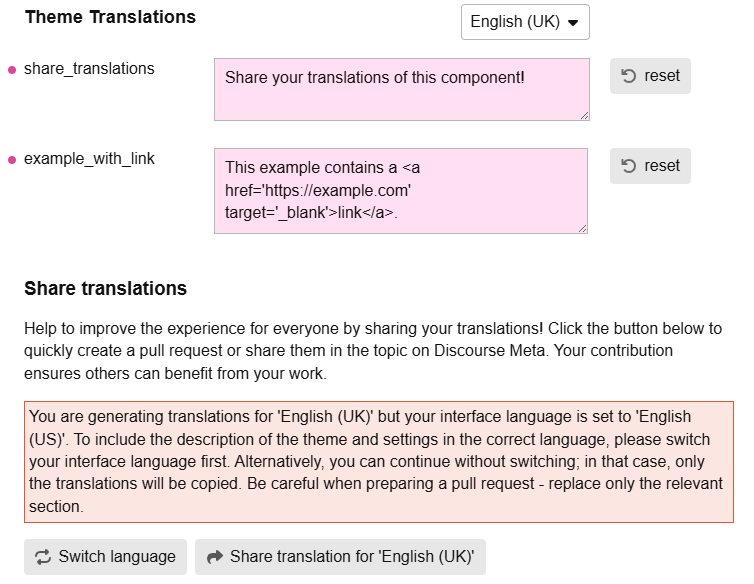 Seção de compartilhamento de traduções, que contém algum texto sobre compartilhamento de traduções, um aviso sobre incompatibilidade de idioma entre a interface e o destino da tradução e um botão para "compartilhar traduções para English UK"