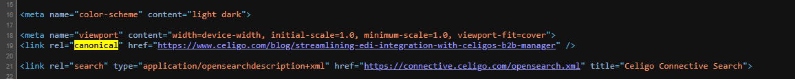 L'immagine mostra uno snippet di codice che visualizza elementi head HTML, in particolare un attributo "meta color-scheme", impostazioni di viewport e due collegamenti per "search" e "walkthrough", inclusi i rispettivi URL e attributi. (Didascalia dell'IA)
