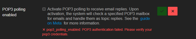 La imagen muestra una pantalla con una opción para habilitar el sondeo POP3 para respuestas de correo electrónico, indicando activación exitosa y un error de autenticación. (Subtitulado por IA)
