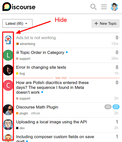 How to hide user avatar in topic list of mobile theme