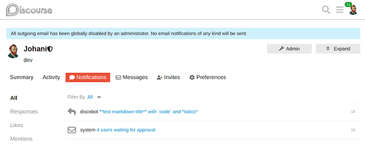 markdown non analizzato nel titolo dell'argomento nella notifica
