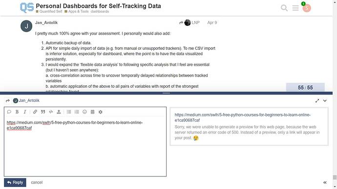 error de código 500 de Medium en el foro de QuantifiedSelf