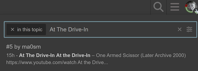 图片显示论坛上的帖子，显示用户 ma0sm 在 15 小时前发布的文字“At The Drive-In – One Armed Scissor (Later Archive 2000)”，并附有 YouTube 链接。（由 AI 标注）