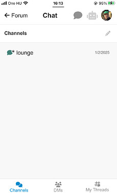 The image shows a user interface of a messaging or forum app on a smartphone with a green chat channel labeled "lounge" and a profile picture of a person wearing a cap in the top right corner. (Captioned by AI)