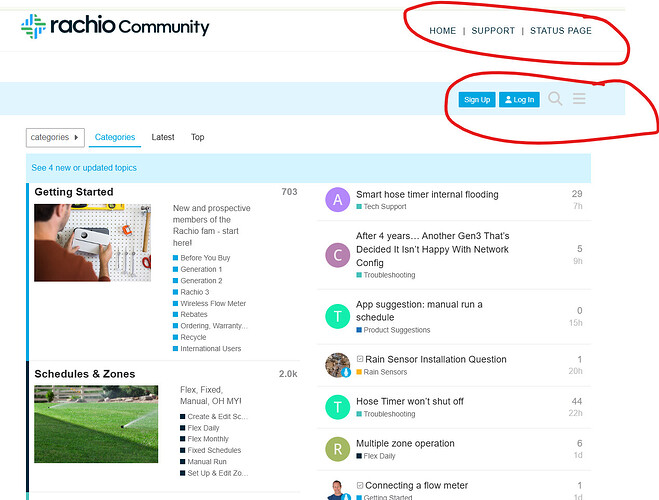 Das Bild zeigt eine Webseite aus dem Rachio Community-Forum mit Kategorien und Themen rund um intelligente Bewässerungssysteme sowie Optionen zur Anmeldung oder Registrierung, die rot hervorgehoben sind. (Beschriftet von KI)