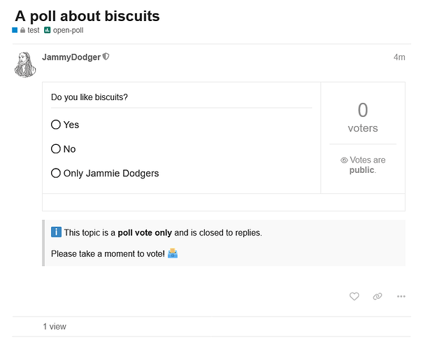 L'image montre un sondage sur une publication sur les réseaux sociaux concernant les biscuits, demandant si les spectateurs aiment les biscuits, avec 0 votant et plusieurs choix de réponse, y compris Oui, Non et Only Jamie Dodgers. (Légendé par l'IA)